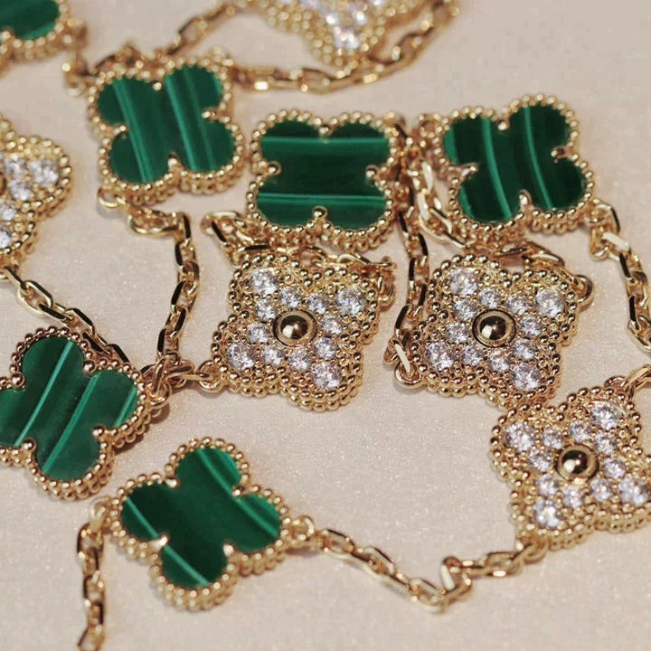 [kincade]CLOVER 20 MOTIFS MALACHITE DIAMOND NECKLACE