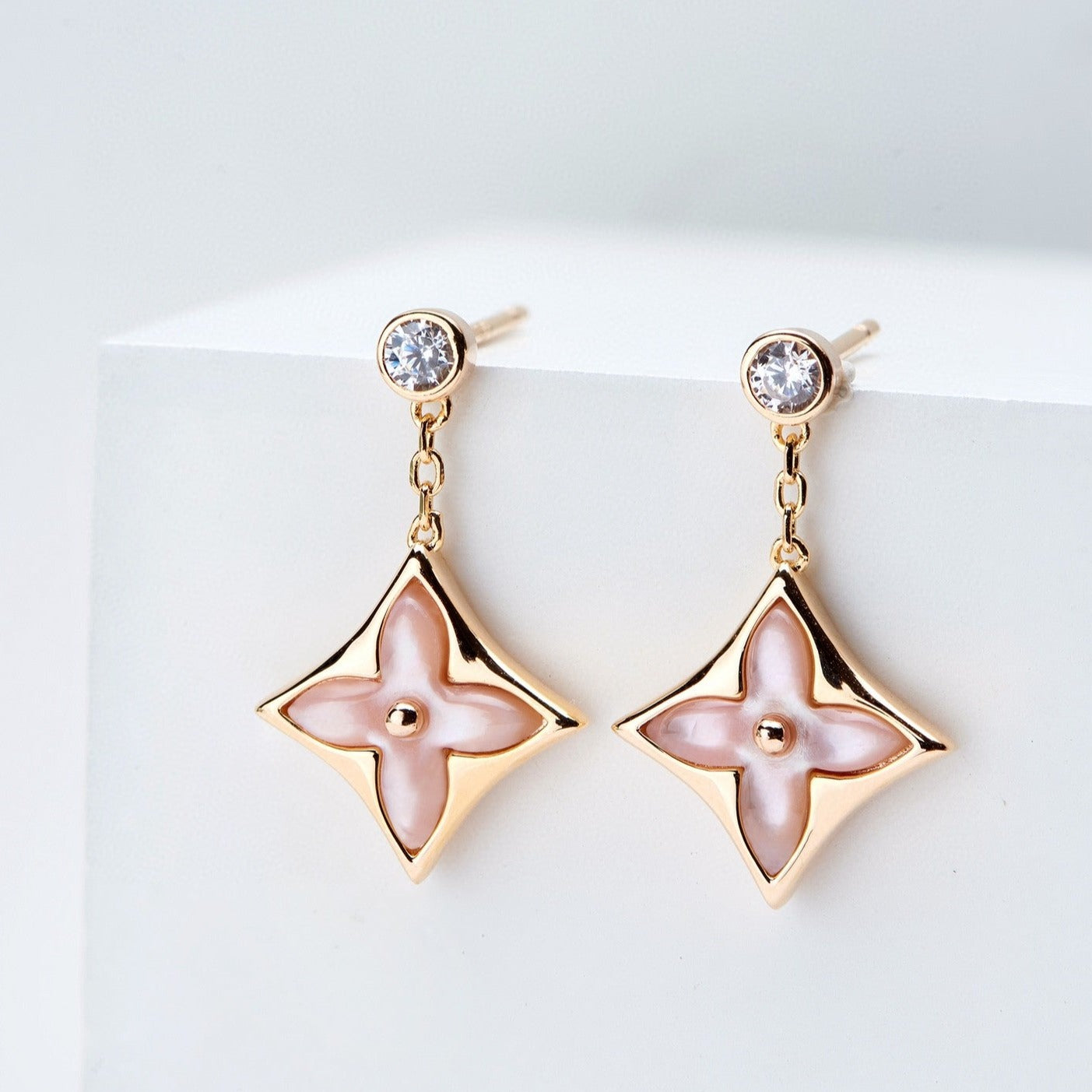 [kincade]DOUBLE STAR PINK GOLD MOP DROP EARRINGS