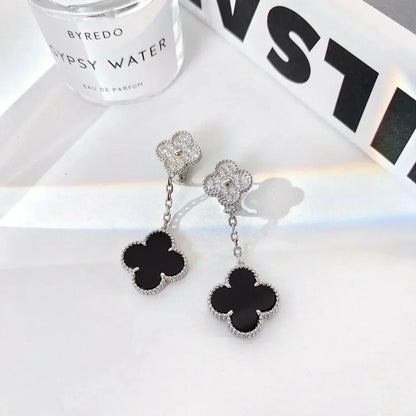 [kincade]CLOVER 2 MOTIFS  DIAMOND ONYX EARRINGS SILVER