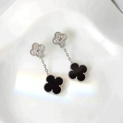 [kincade]CLOVER 2 MOTIFS  DIAMOND ONYX EARRINGS SILVER