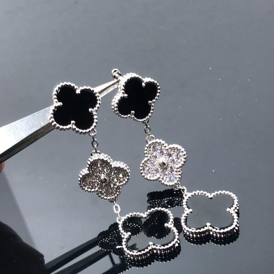 [kincade]CLOVER 3 MOTIF DIAMOND ONYX SILVER EARRINGS