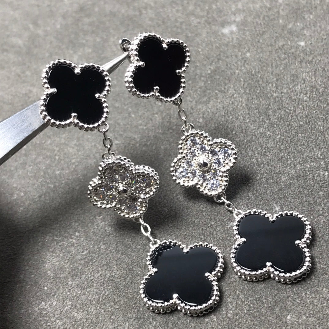 [kincade]CLOVER 3 MOTIF DIAMOND ONYX SILVER EARRINGS