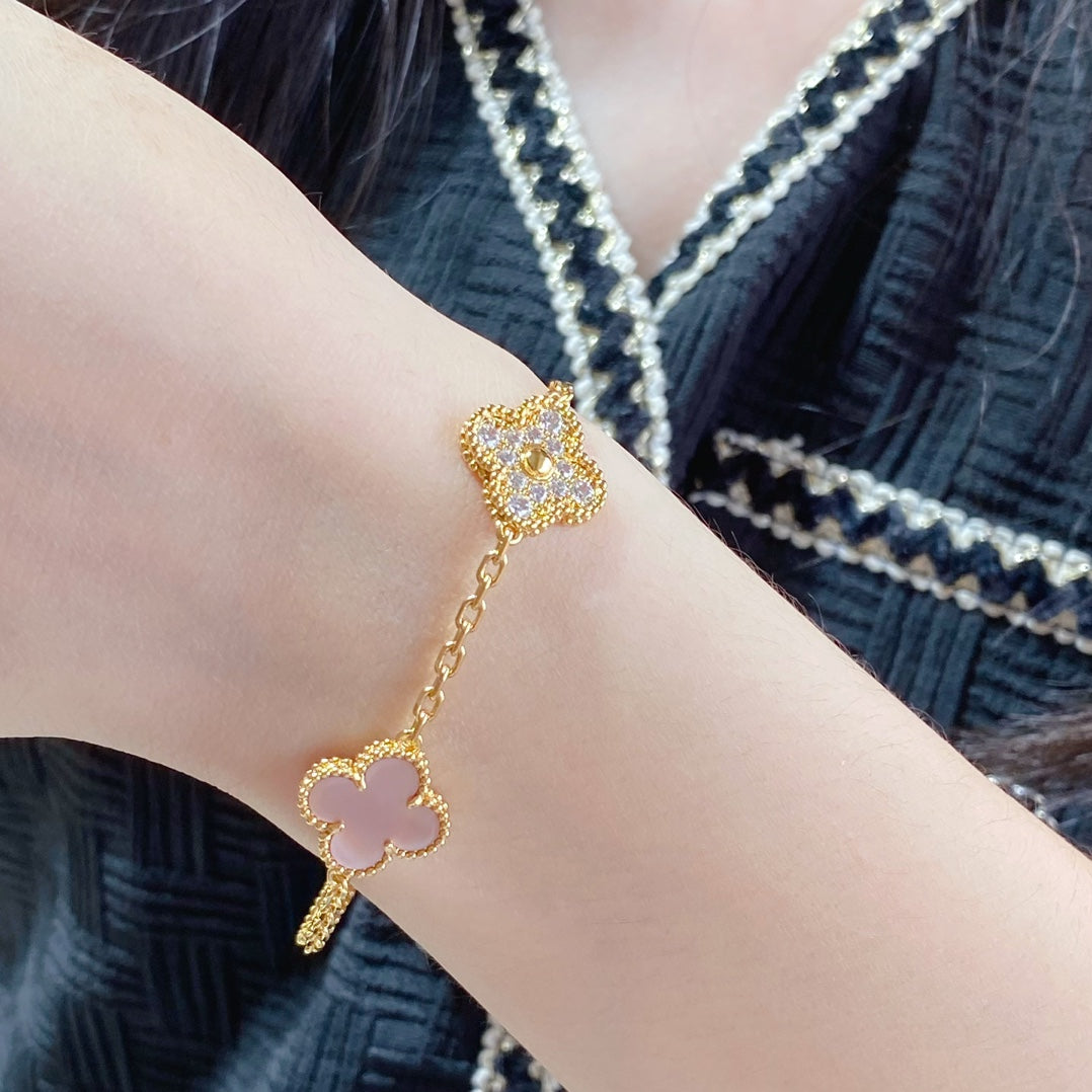 [kincade]CLOVER 5 MOTIF DIAMOND PINK MOP PINK GOLD BRACELET