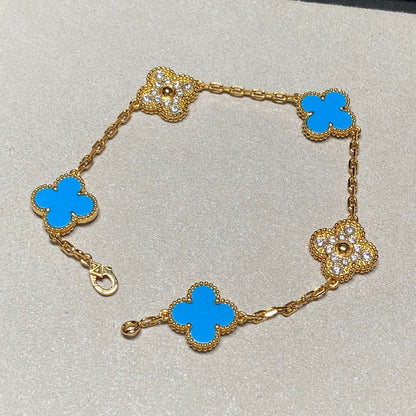 [kincade]CLOVER 5 MOTIF BLUE CHALCEDONY DIAMOND GOLD BRACELET