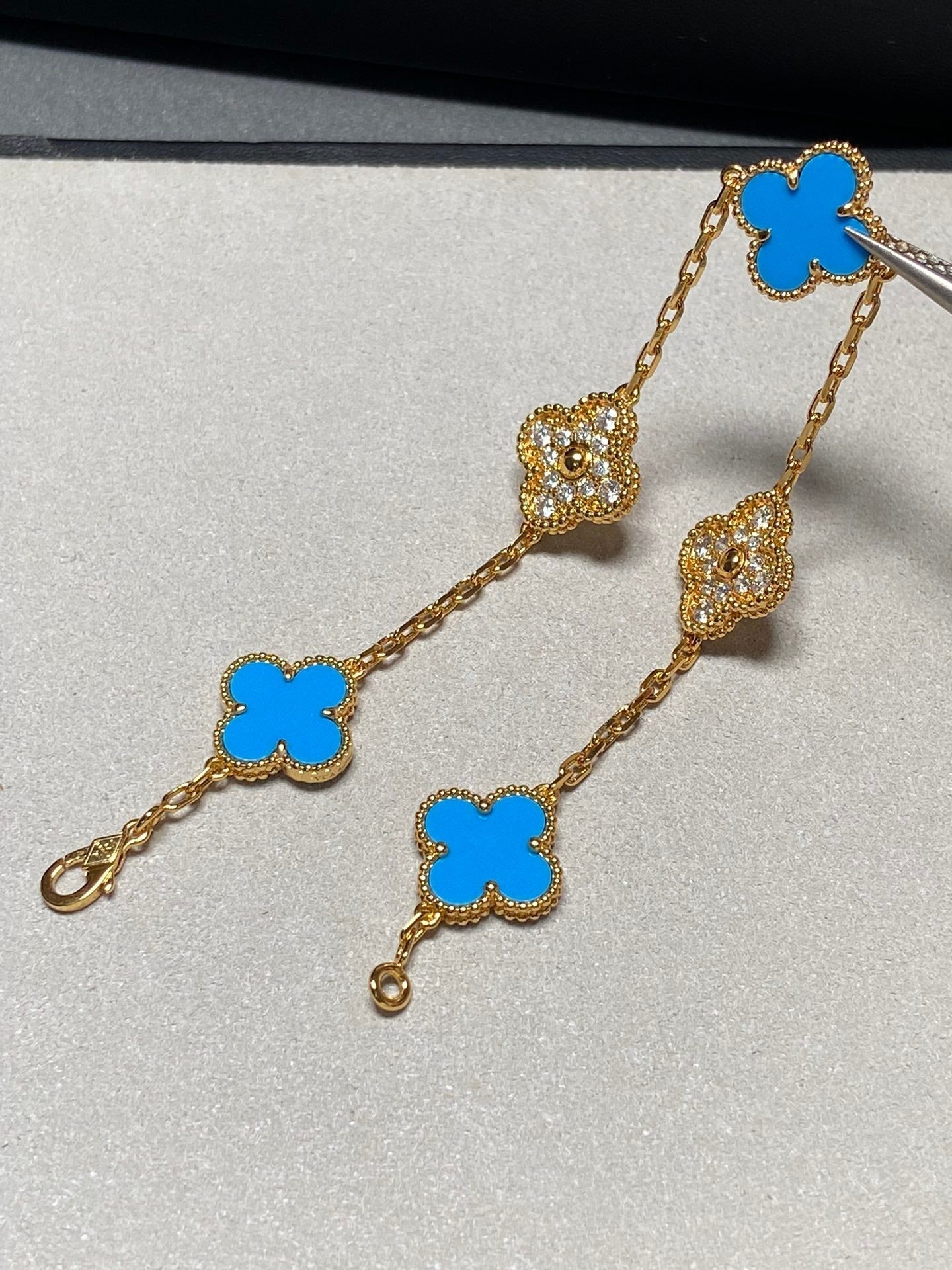 [kincade]CLOVER 5 MOTIF BLUE CHALCEDONY DIAMOND GOLD BRACELET