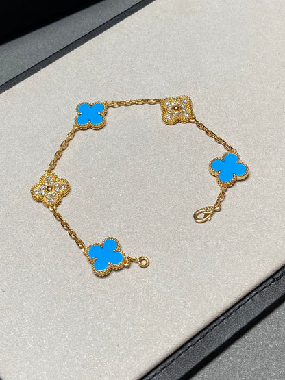 [kincade]CLOVER 5 MOTIF BLUE CHALCEDONY DIAMOND GOLD BRACELET