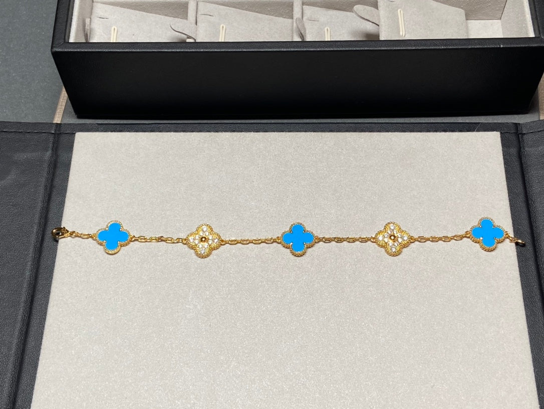 [kincade]CLOVER 5 MOTIF BLUE CHALCEDONY DIAMOND GOLD BRACELET