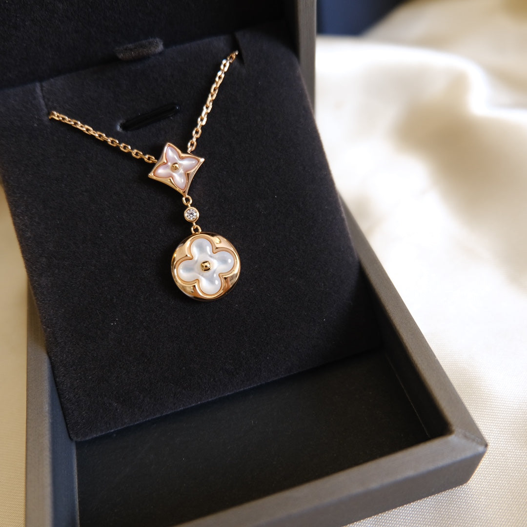 [kincade]STAR AND SUN WHITE MOP 2 MOTIF PINK GOLD NECKLACE