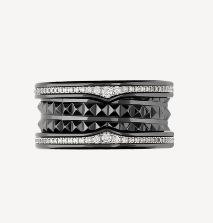 [kincade]ZERO 1 ROCK FOUR-BAND BLACK CERAMIC WITH STUDDED SPIRAL AND PAVED DIAMONDS RING