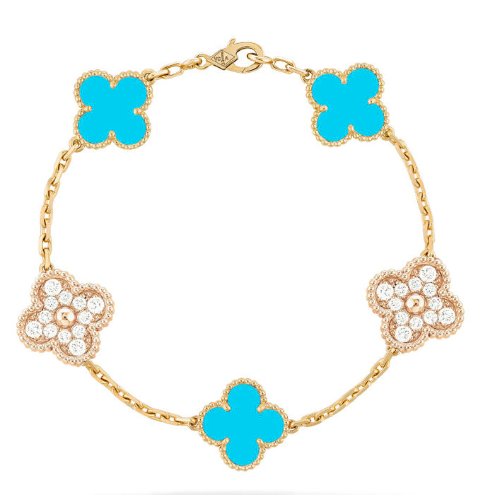 [kincade]CLOVER 5 MOTIF TURQUOISE DIAMOND GOLD BRACELET