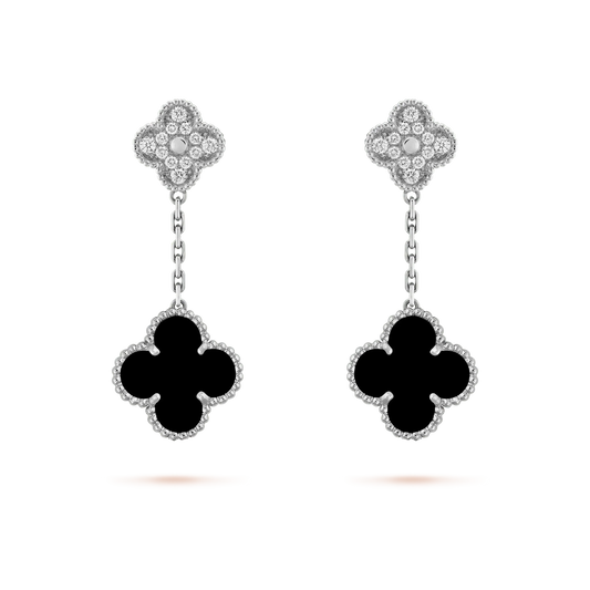 [kincade]CLOVER 2 MOTIFS  DIAMOND ONYX EARRINGS SILVER