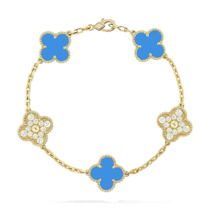 [kincade]CLOVER 5 MOTIF BLUE CHALCEDONY DIAMOND GOLD BRACELET