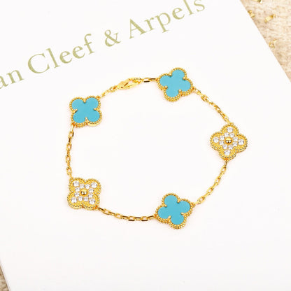 [kincade]CLOVER 5 MOTIF TURQUOISE DIAMOND GOLD BRACELET