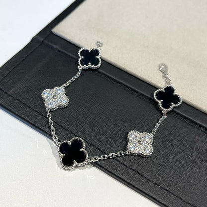 [kincade]CLOVER 5 MOTIF ONYXS DIAMOND BRACELET SILVER