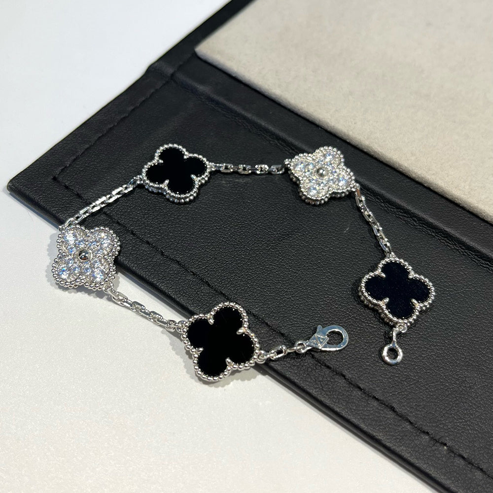 [kincade]CLOVER 5 MOTIF ONYXS DIAMOND BRACELET SILVER