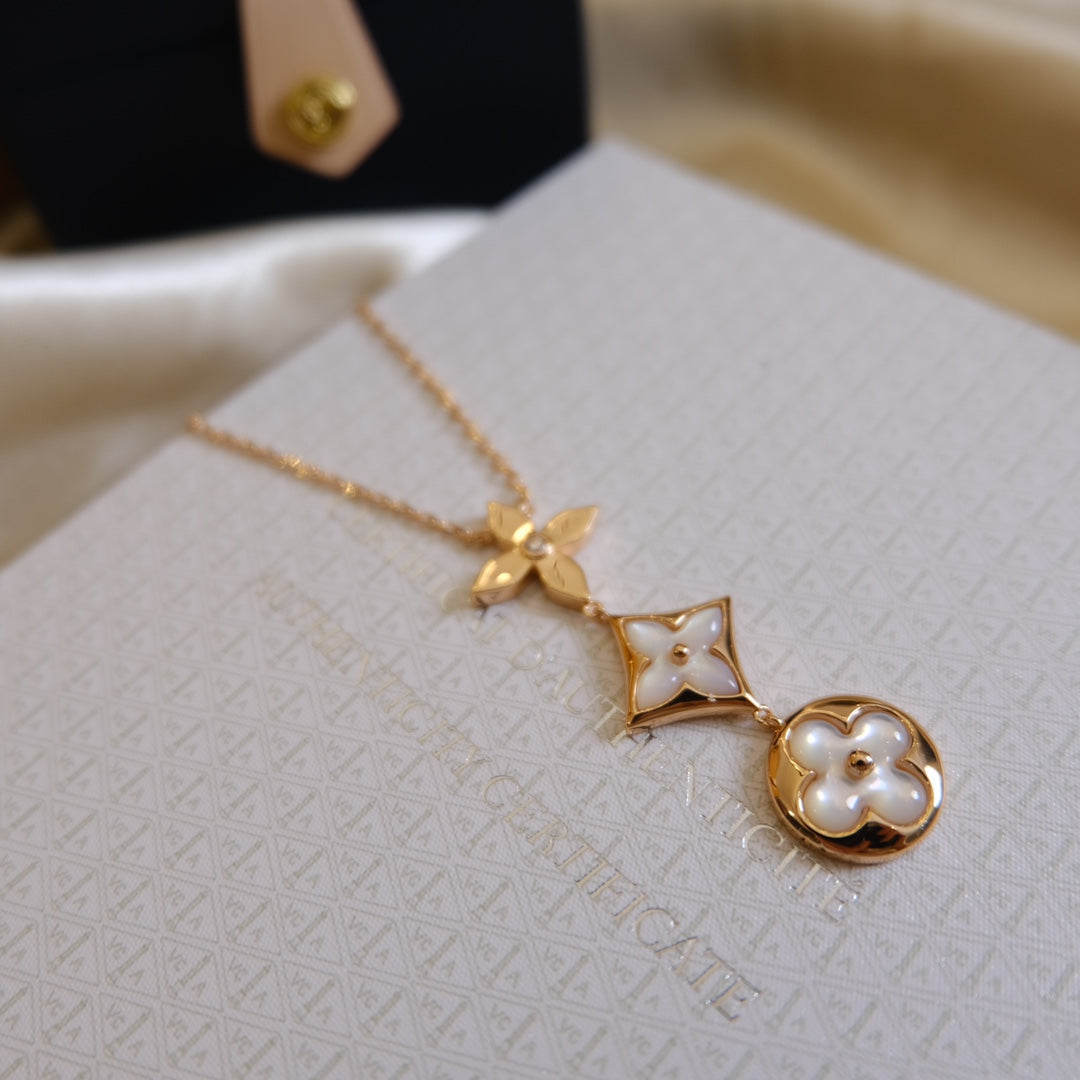 [kincade]COLOR BLOSSOM LARIAT NECKLACE PINK GOLD WHITE MOTHER PEARL AND DIAMOND