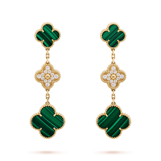 [kincade]CLOVER EARRINGS GOLD MALACHITE DIAMOND 3 MOTIF