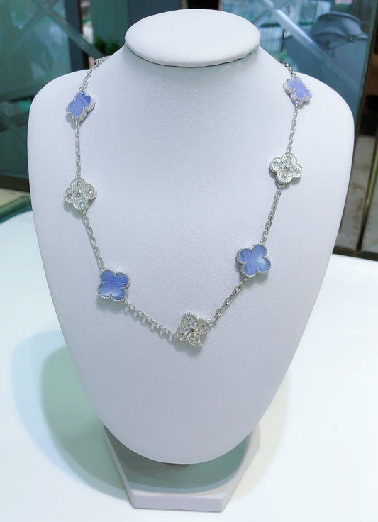 [kincade]CLOVER 10 MOTIFS CHALCEDONY DIAMONDS SILVER NECKLACE